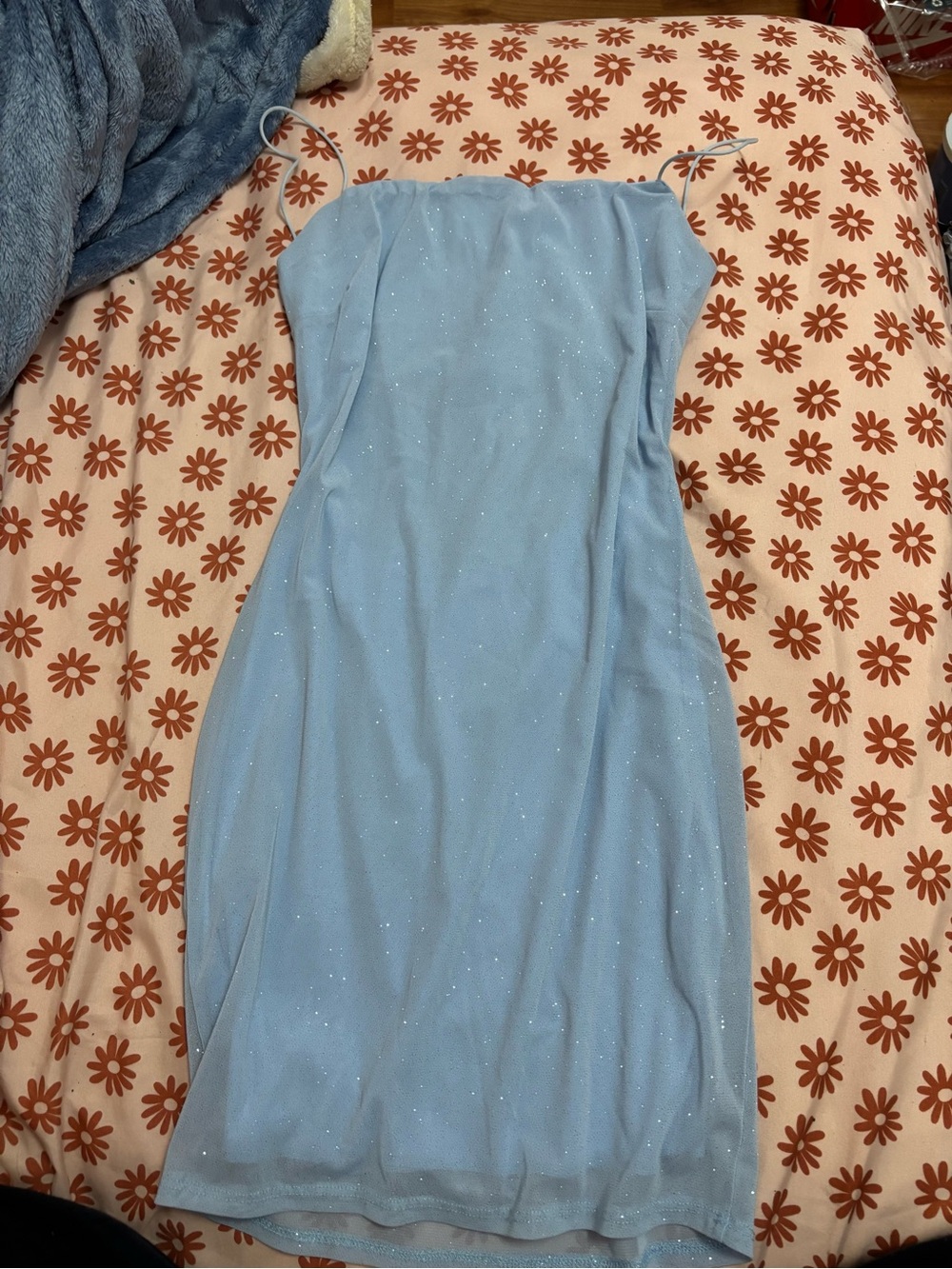 Misty Rose- Backless Sparkle Slip Dress in Light Blue